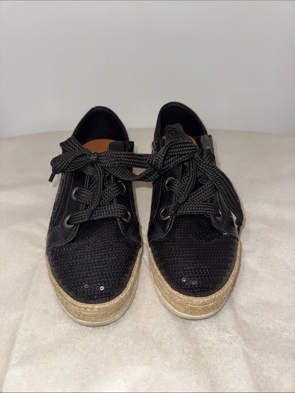 Black Sequin Espadrille Platform Lace-Up Sneakers
